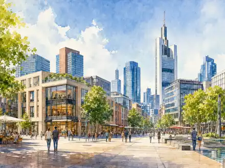 Hamborner REIT DE0006013006 – Aquarellbild eines modernen deutschen Stadtzentrums mit Gewerbe- und Bürogebäuden - Foto: THN