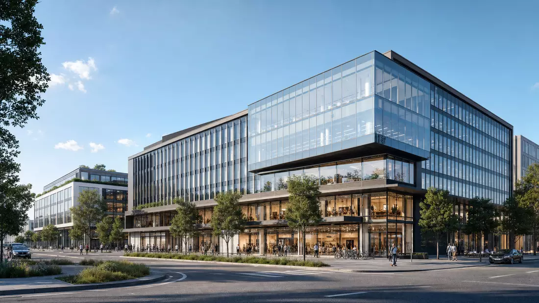CGI-Render eines modernen deutschen Büro- und Einzelhandelskomplexes mit transparenter Glasfassade