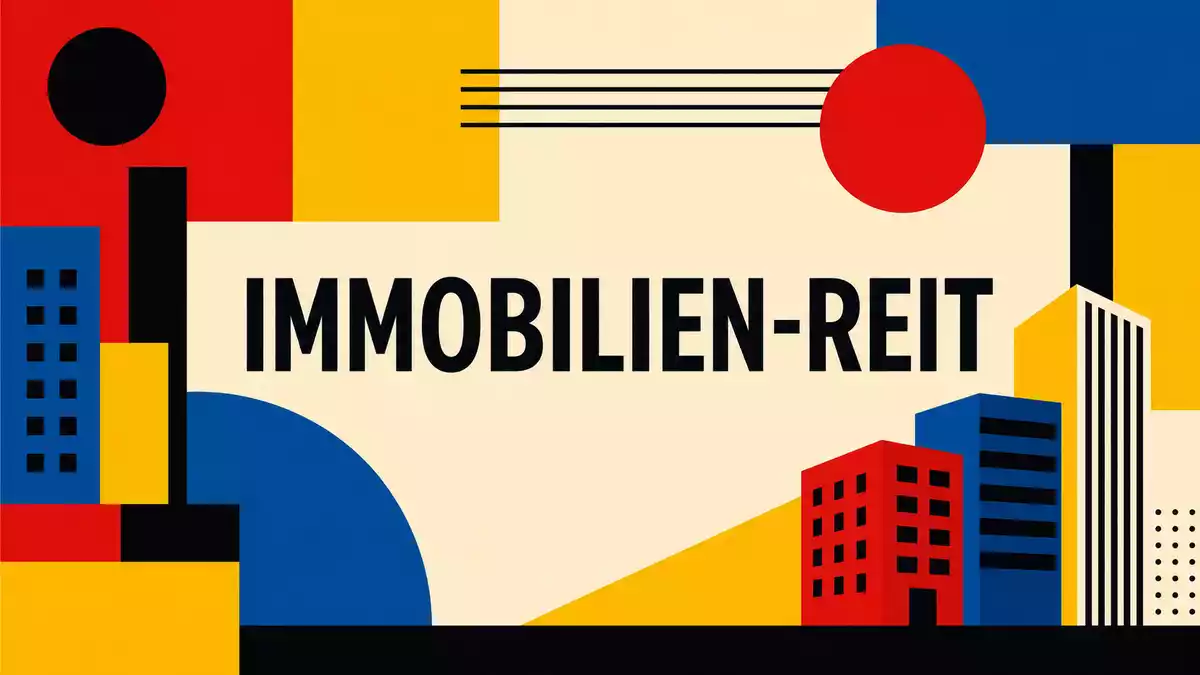 Bauhaus-Poster mit geometrischen Formen, Gebäudesilhouetten und dem Schriftzug IMMOBILIEN-REIT