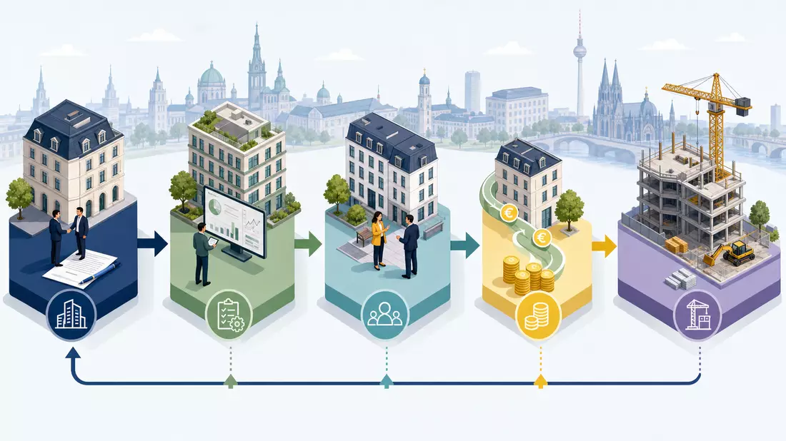 Isometrisches 3D-Diagramm der Wertschöpfungskette einer deutschen Gewerbeimmobiliengesellschaft