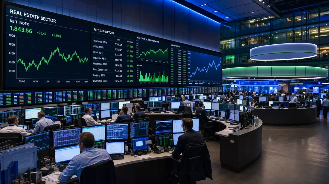 Editorialfoto eines Börsenhandelsfloors mit digitalen REIT-Sektor-Charts und Händlern an Bildschirmen