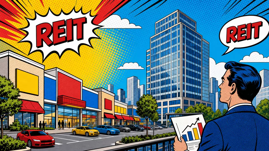 Pop-Art-Comicillustration eines deutschen Fachmarktzentrums und Büroturms mit REIT-Sprechblase
