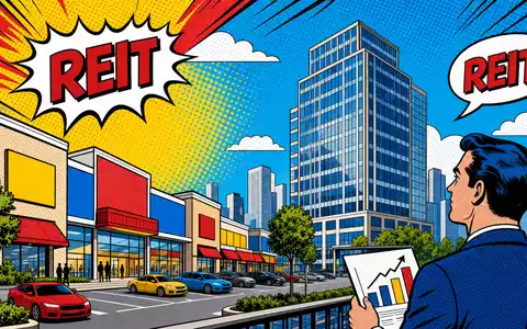 Hamborner REIT DE0006013006 – Pop-Art-Comic einer deutschen Gewerbeimmobilienszene mit bunten Halbtonpunkten und REIT-Sprechblase - Foto: THN