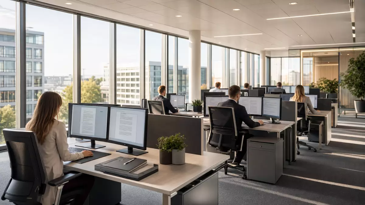 GRENKE AG Finanzdienstleistungen – Berater in modernem deutschen Büro mit Dual-Monitoren