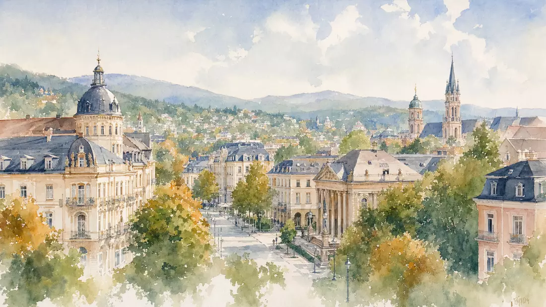GRENKE AG Hauptsitz Baden-Baden – Aquarell mit historischen Gebäuden und herbstlichen Bäumen