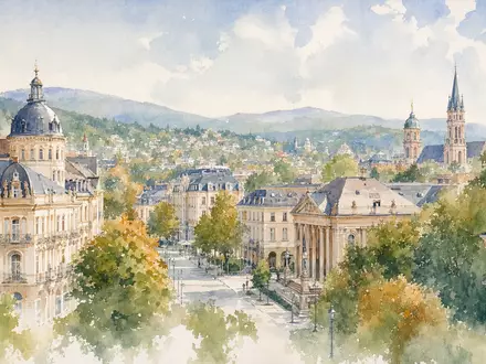 GRENKE AG DE000A161N30 Aquarell der Stadtansicht von Baden-Baden Hauptsitz in warmen herbstlichen Pastelltönen - Foto: THN