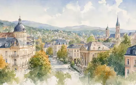 GRENKE AG DE000A161N30 Aquarell der Stadtansicht von Baden-Baden Hauptsitz in warmen herbstlichen Pastelltönen - Foto: THN