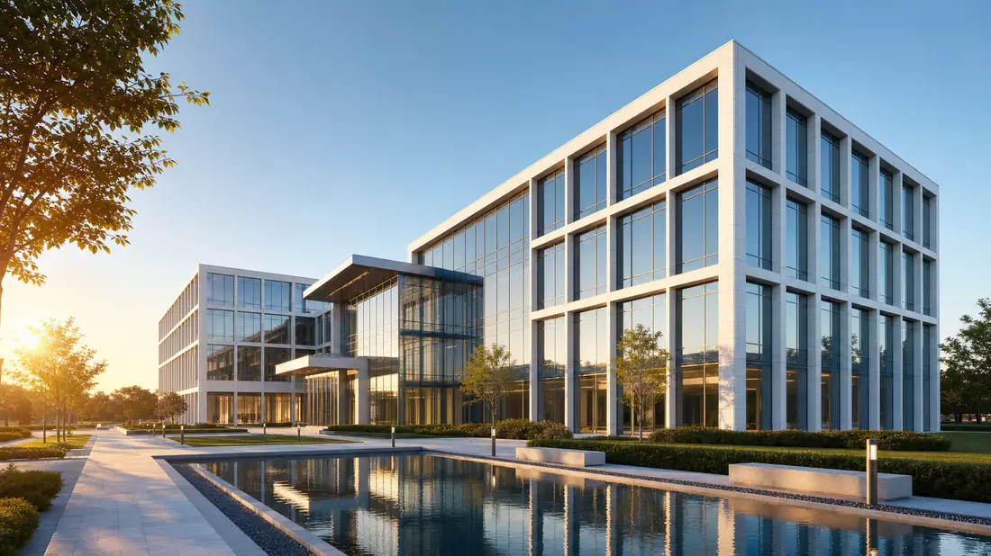 GRENKE AG Firmensitz – architektonischer CGI-Render eines Glasgebäudes mit Spiegelteich