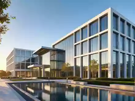 GRENKE AG DE000A161N30 CGI Render modernes Konzerngebäude aus Glas und Stahl bei Goldstunde - Foto: THN