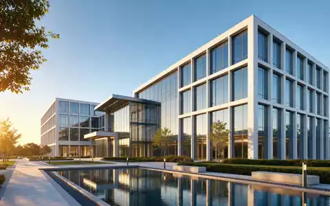 GRENKE AG DE000A161N30 CGI Render modernes Konzerngebäude aus Glas und Stahl bei Goldstunde - Foto: THN