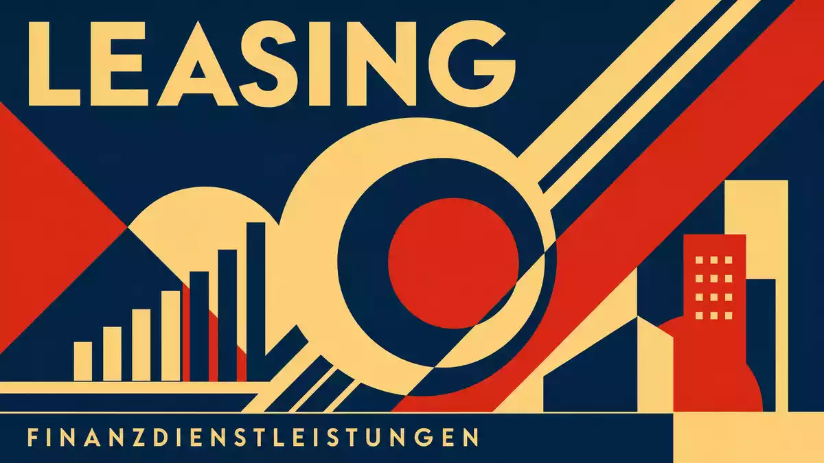 GRENKE AG Bauhaus-Poster – Navy, Rot und Gelb mit LEASING und FINANZDIENSTLEISTUNGEN Schrift