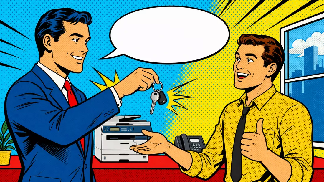 GRENKE AG Pop-Art – Retro-Comic-Szene mit Leasingübergabe und Halbtonpunkten in Primärfarben