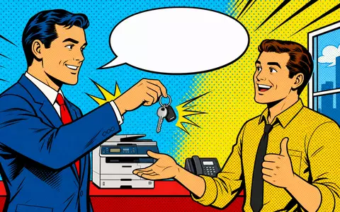 GRENKE AG DE000A161N30 Pop Art Comic zeigt Leasingübergabe von Bürogeräten in bunten Primärfarben - Foto: THN