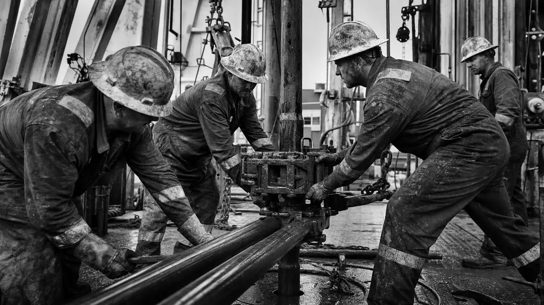 Dokumentarisches Schwarzweißfoto von Bohrarbeitern beim Bedienen schwerer Anlagen auf dem Rig