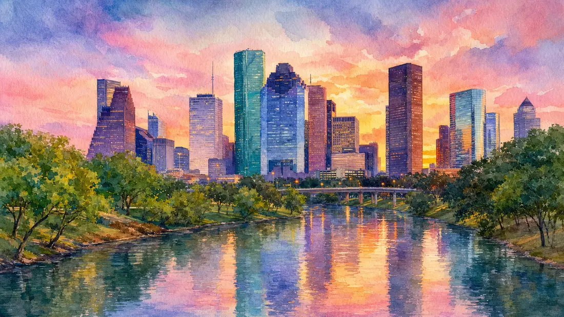Aquarellmalerei der Houston-Skyline mit Dämmerungsfarben und Wasserreflexionen im Bayou