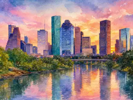 Halliburton Aktie US4062161017 Houston Skyline als Aquarell mit Reflexionen im Bayou bei Dämmerung - Foto: THN