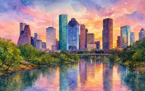 Halliburton Aktie US4062161017 Houston Skyline als Aquarell mit Reflexionen im Bayou bei Dämmerung - Foto: THN