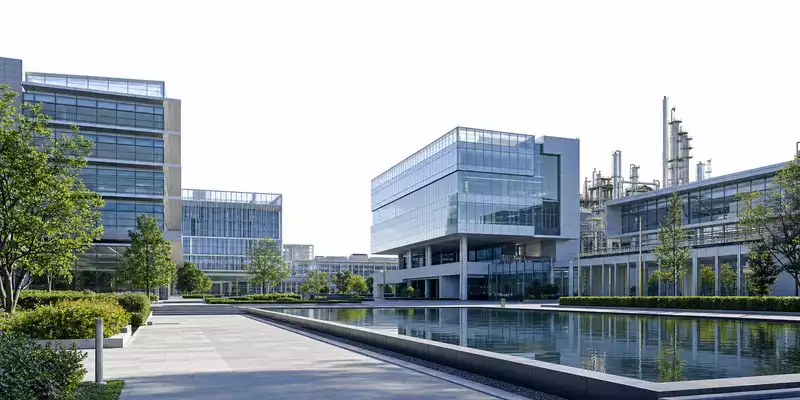 Halliburton US4062161017 moderner Energie Campus als Architektur Render mit Glasfassaden und Spiegelteich - Foto: THN