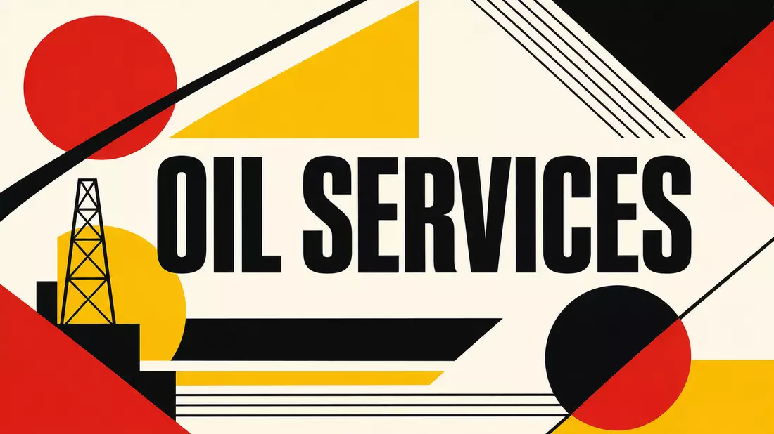 Bauhaus-Grafikposter mit geometrischen Primärfarben und der Aufschrift OIL SERVICES im Industriestil