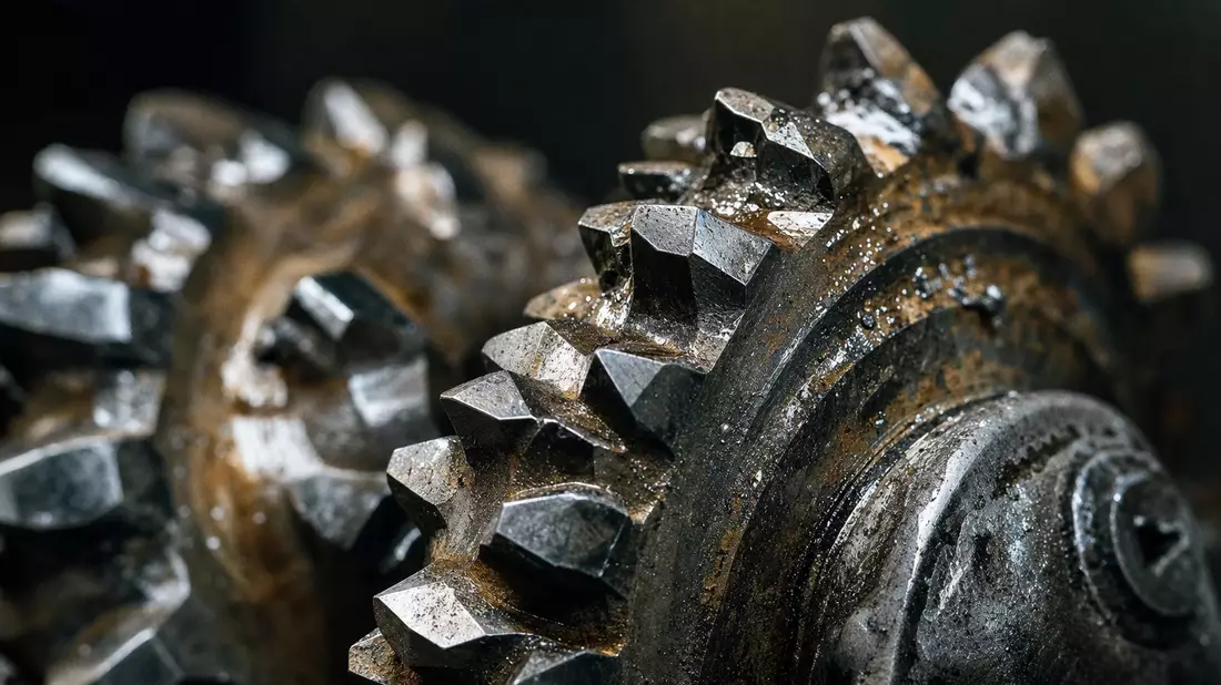 Extreme Makroaufnahme eines Hartmetall-Tricone-Bohrkopfes mit Schneidkanten und Ölrückständen