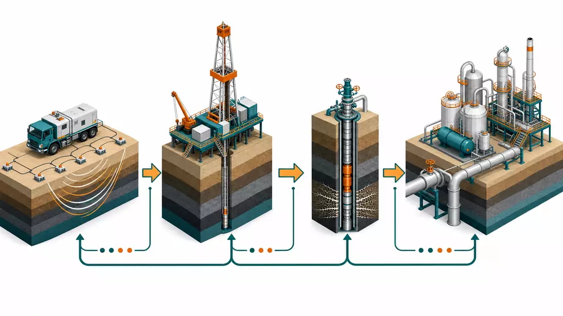 Isometrische 3D-Illustration der Öl-und-Gas-Wertschöpfungskette von Seismik bis Verarbeitung