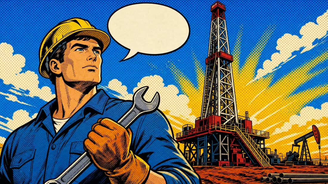 Pop-Art-Comic eines Ölfeldarbeiters mit Schraubenschlüssel vor einem Bohrturm im Retro-Stil