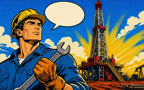 Halliburton US4062161017 Pop Art Comic zeigt Bohrtechniker mit Schraubenschlüssel vor Bohrturm im Retrostil - Foto: THN