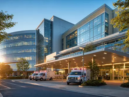 HCA Healthcare US40412C1018 zeigt einen modernen Krankenhaus Campus mit Notaufnahme bei goldenem Abendlicht - Foto: THN