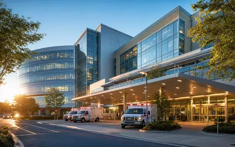 HCA Healthcare US40412C1018 zeigt einen modernen Krankenhaus Campus mit Notaufnahme bei goldenem Abendlicht - Foto: THN