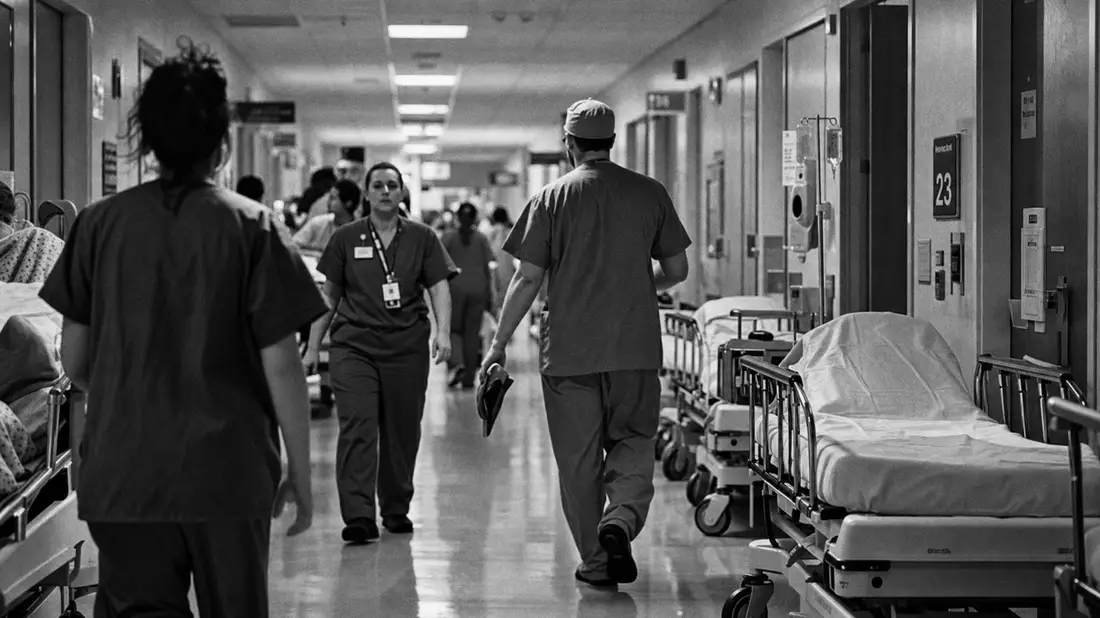 Schwarzweiß-Reportagefoto mit Ärzten und Pflegern in einem langen Krankenhausflur