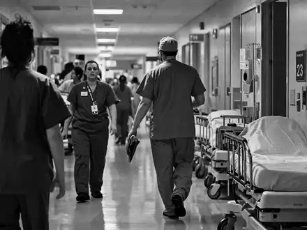 HCA Healthcare US40412C1018 dokumentarische Schwarzweiß Reportage eines belebten Krankenhausflurs mit medizinischem Pflegepersonal - Foto: THN