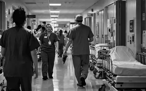 HCA Healthcare US40412C1018 dokumentarische SchwarzweiĂ Reportage eines belebten Krankenhausflurs mit medizinischem Pflegepersonal - Foto: THN