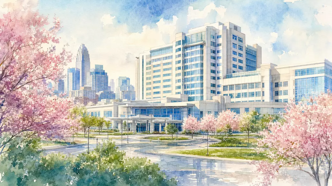 Zart aquarelliertes Krankengebäude mit Kirschblüten und einer sonnigen Stadtkulisse im Hintergrund