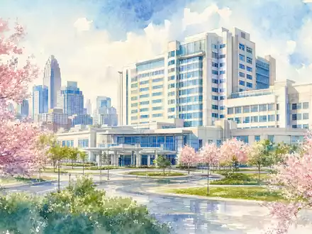 HCA Healthcare US40412C1018 Aquarell Illustration eines Krankenhauses mit Kirschblüten vor sonniger Stadtsilhouette im Frühling - Foto: THN