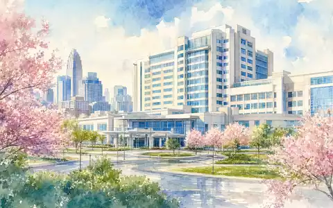 HCA Healthcare US40412C1018 Aquarell Illustration eines Krankenhauses mit Kirschblüten vor sonniger Stadtsilhouette im Frühling - Foto: THN