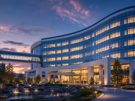 HCA Healthcare US40412C1018 CGI Architektur Render eines modernen Krankenhaus Towers mit Glasfassade bei Abenddämmerung - Foto: THN