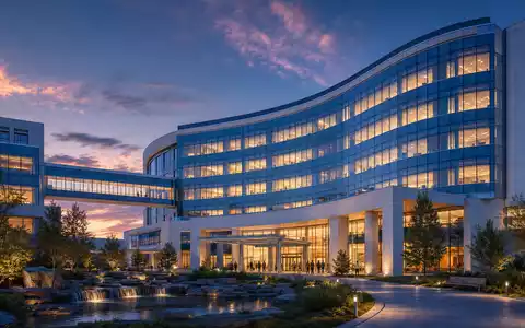 HCA Healthcare US40412C1018 CGI Architektur Render eines modernen Krankenhaus Towers mit Glasfassade bei Abenddämmerung - Foto: THN