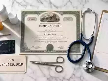 HCA Healthcare US40412C1018 Flatlay mit Aktienzertifikat ISIN Karte Stethoskop und branchentypischen medizinischen Utensilien - Foto: THN