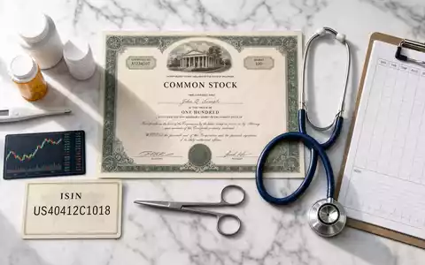 HCA Healthcare US40412C1018 Flatlay mit Aktienzertifikat ISIN Karte Stethoskop und branchentypischen medizinischen Utensilien - Foto: THN