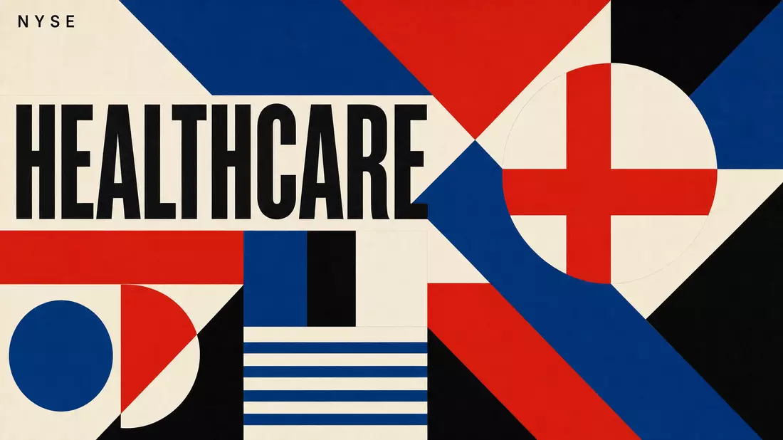 Bauhaus-Grafikposter mit geometrischen Formen, HEALTHCARE-Schriftzug und NYSE-Kürzel in Primärfarben