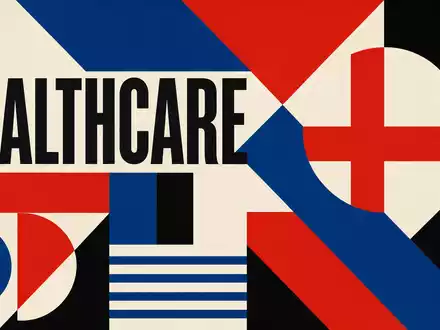 HCA Healthcare US40412C1018 Bauhaus Poster mit geometrischen Formen und HEALTHCARE Sektortext im NYSE Design Stil - Foto: THN