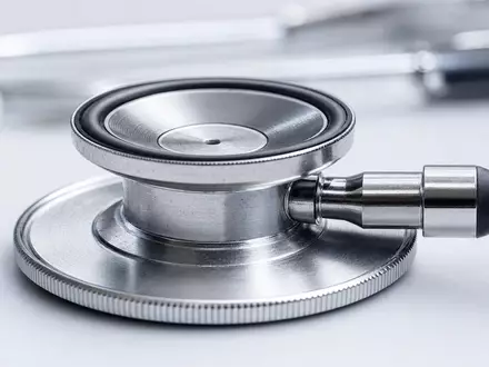 HCA Healthcare US40412C1018 extreme Makro Detailaufnahme eines Stethoskop Brustteils aus hochglanz poliertem Stahl - Foto: THN