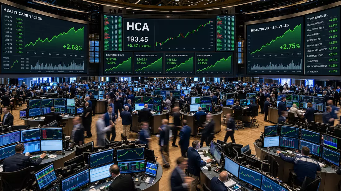 Belebter NYSE-Handelssaal mit Tradern, großen Monitoren und Kursdiagrammen des Healthcare-Sektors