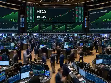 HCA Healthcare US40412C1018 NYSE Handelsparkett mit Händlern und Healthcare Sektor Charts auf großen Bildschirmen - Foto: THN