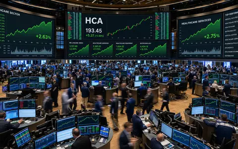 HCA Healthcare US40412C1018 NYSE Handelsparkett mit Händlern und Healthcare Sektor Charts auf großen Bildschirmen - Foto: THN