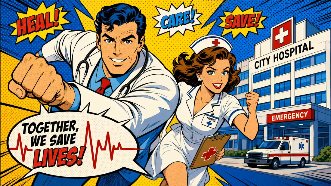 Farbiges Pop-Art-Comic mit Arzt und Krankenschwester als Helden vor Krankenhaus im 60er-Jahre-Stil