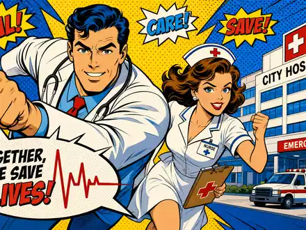 HCA Healthcare US40412C1018 Pop Art Comic mit heroischen Arzt und Pflegefiguren vor Krankenhaus im Retrostil - Foto: THN