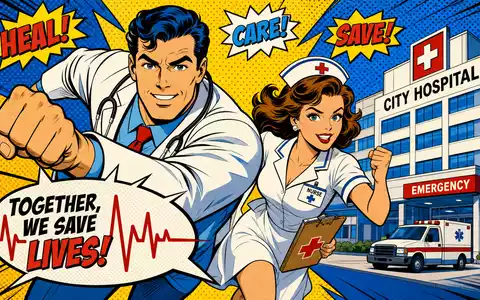 HCA Healthcare US40412C1018 Pop Art Comic mit heroischen Arzt und Pflegefiguren vor Krankenhaus im Retrostil - Foto: THN