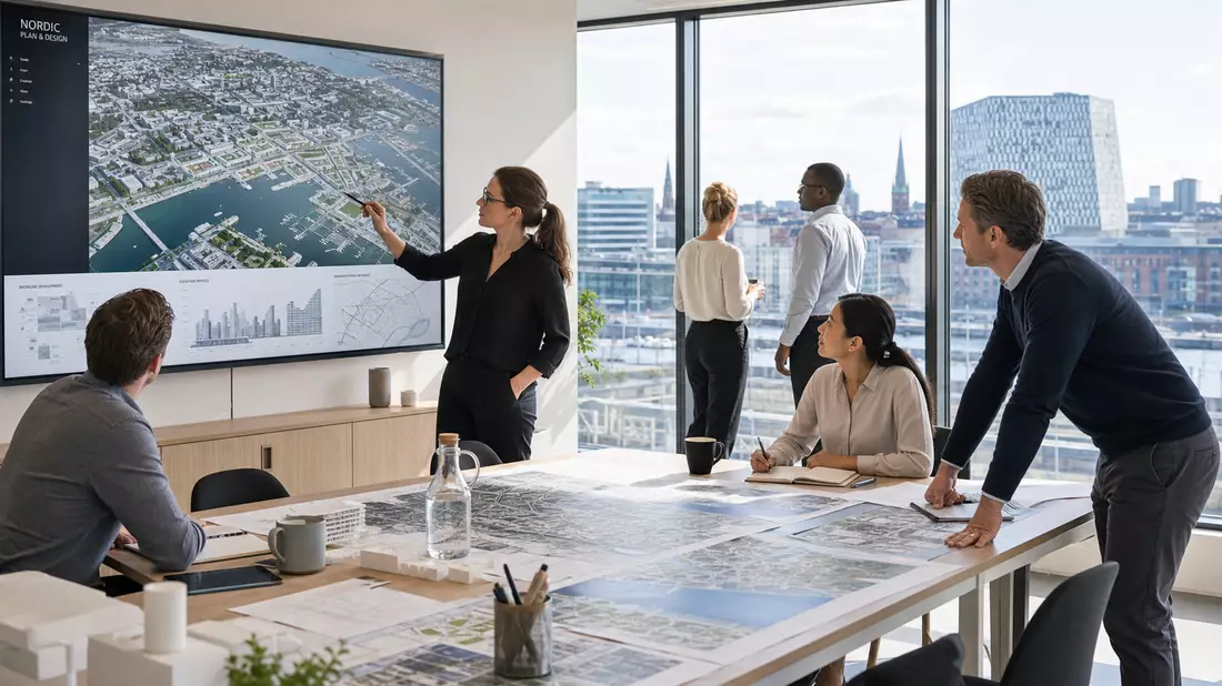 Ingenieure und Architekten planen gemeinsam an digitalen Stadtplänen in modernem Büro