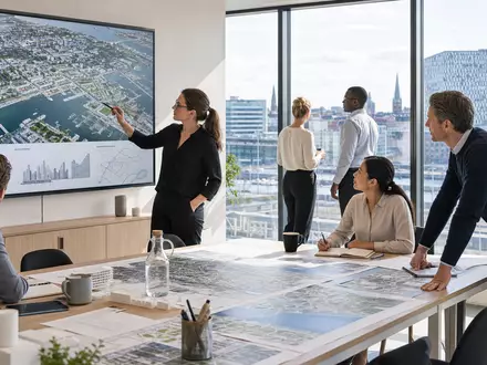 Sweco AB (ISIN SE0000164626) zeigt fotorealistisch Ingenieure und Architekten bei moderner Stadtplanung im Büro - Foto: THN